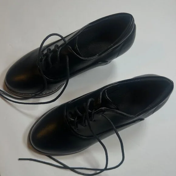 Black Lace-Up Chunky Heel Oxford Shoes For Women SZ 37 - Picture 7 of 7